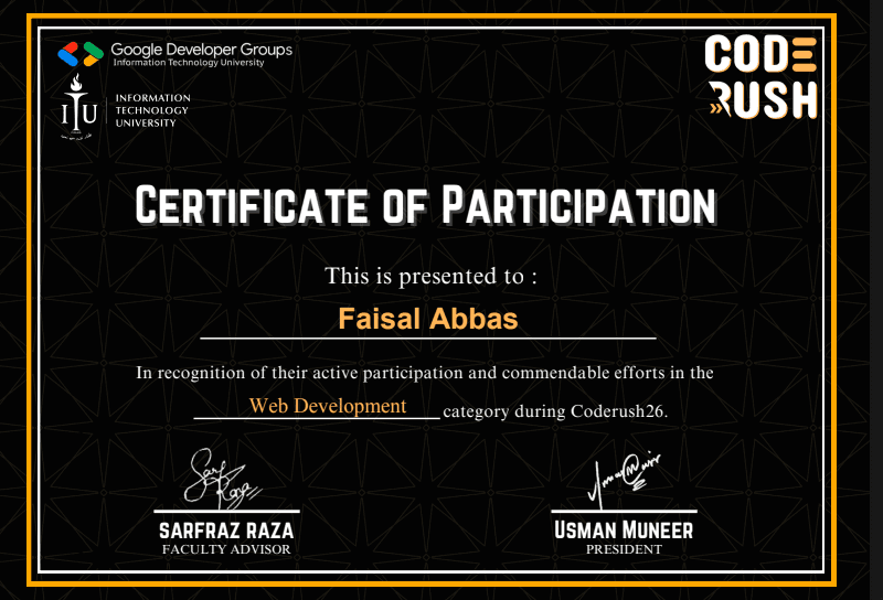 CodeRush ’26 certificate issued to Faisal Abbas