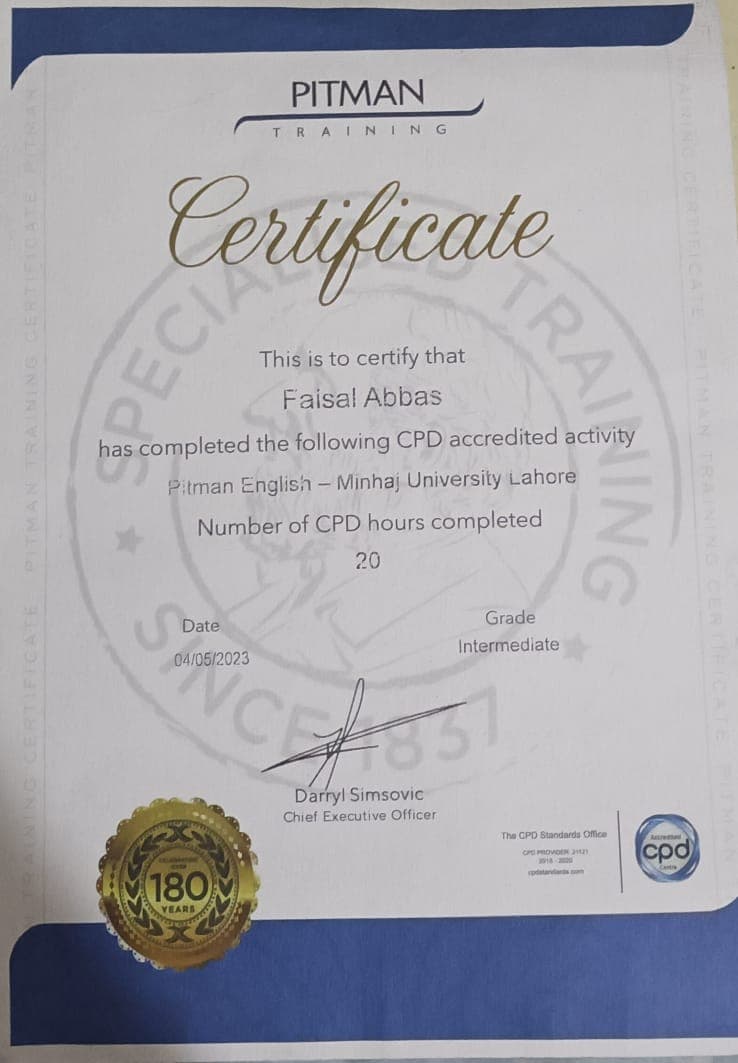 Pitman English certificate issued to Faisal Abbas