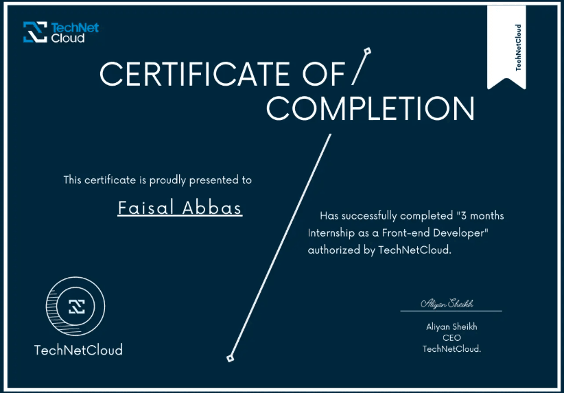 TechNetCloud Internship certificate issued to Faisal Abbas