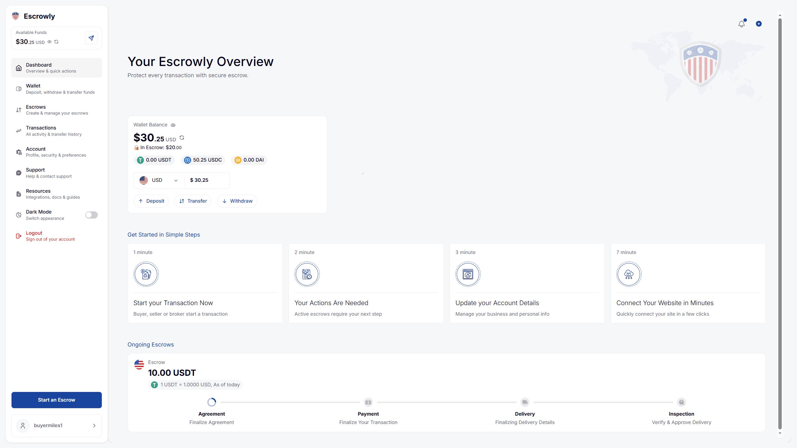 Escrowly — Dashboard — wallet balance, ongoing escrows & quick actions