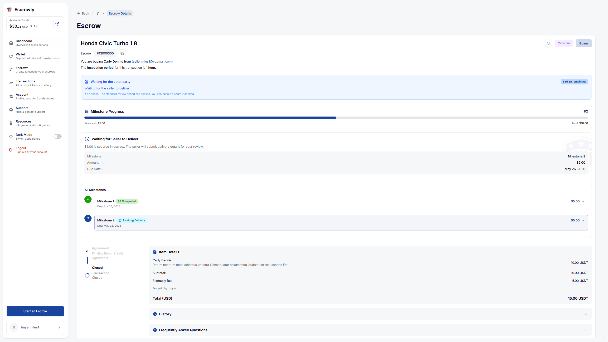 Escrow Detail — milestone tracking & delivery workflow