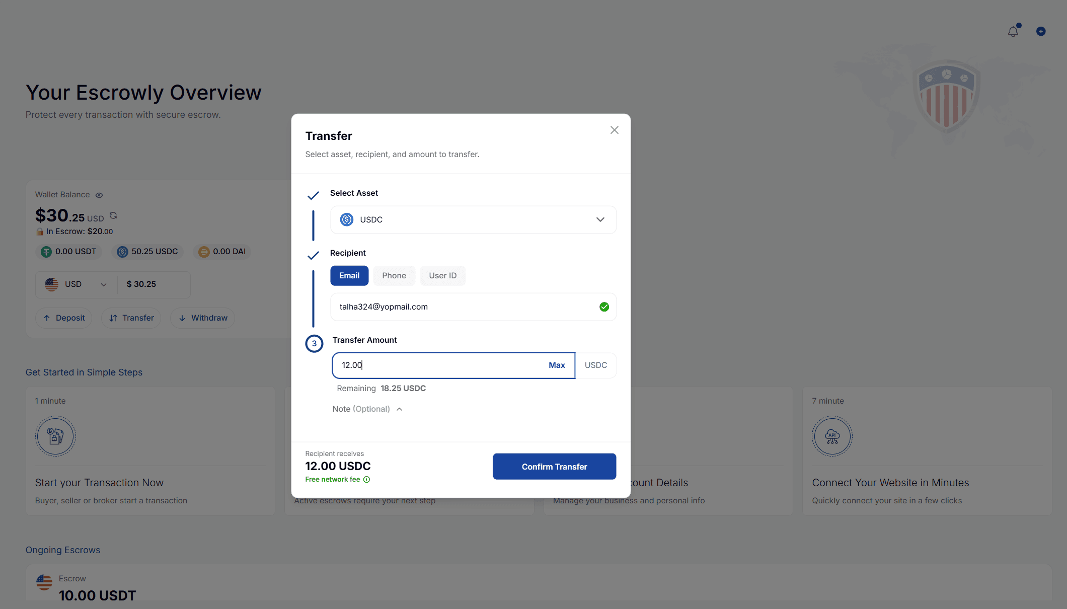 Transfer — send assets with real-time fee preview