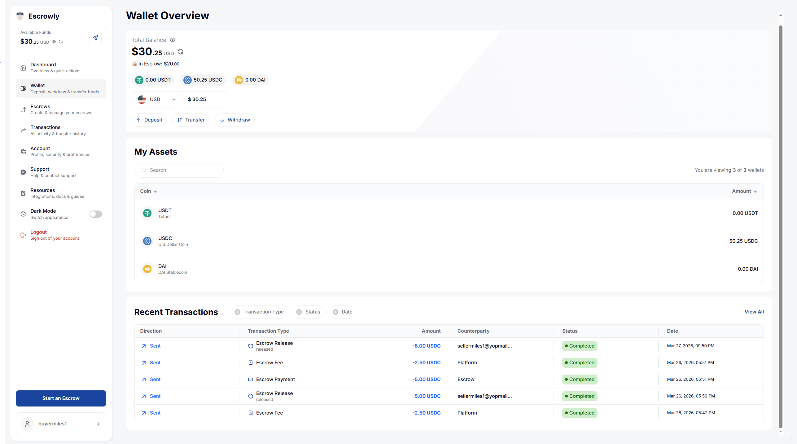 Wallet Overview — multi-asset balances & transaction history